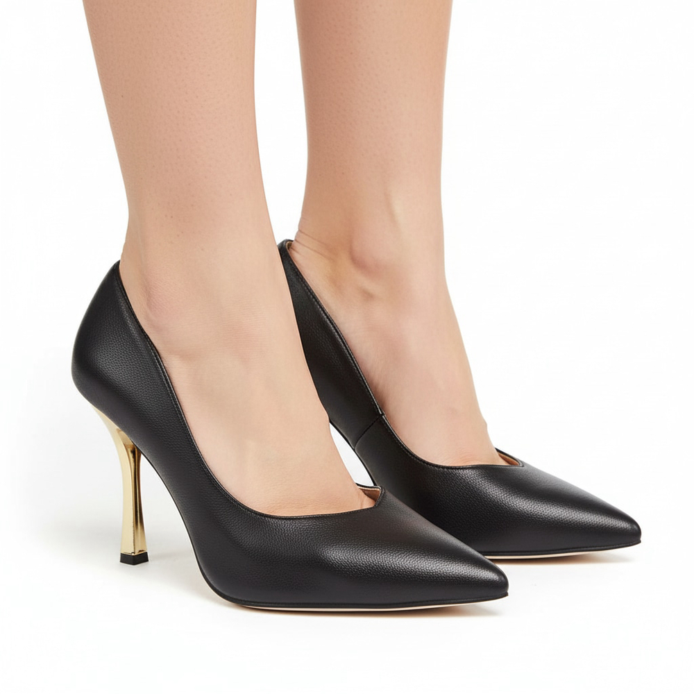 French Connection Women's Pointy Anny High Heels Black Gold Size 7 Vegan Leather